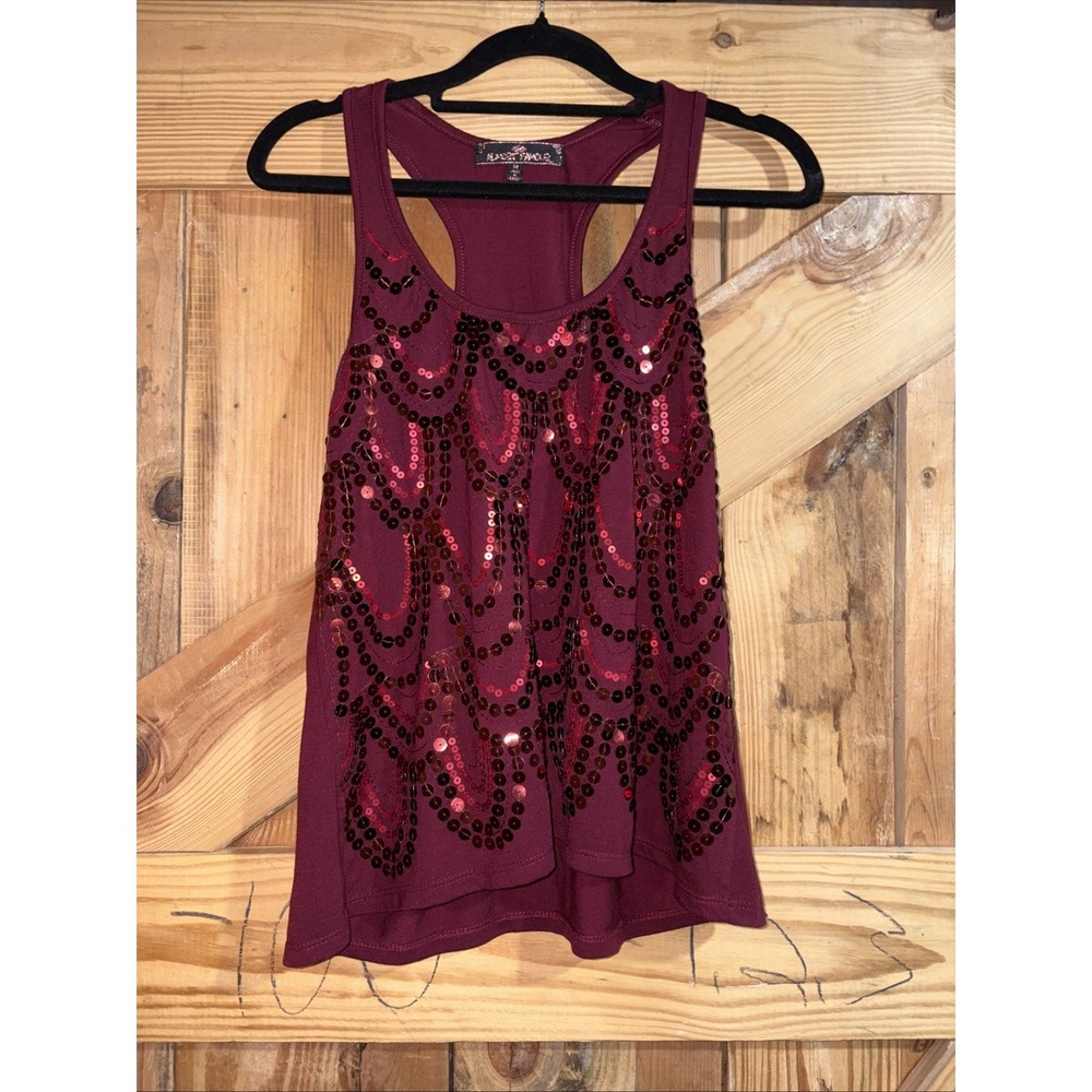 Almost Famous Y2K Burgundy Sequin Racerback Tank Medium